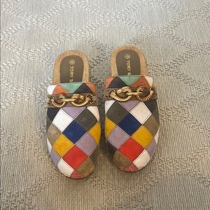 Tory Burch Colorful Patchwork Mules with Metallic Accent